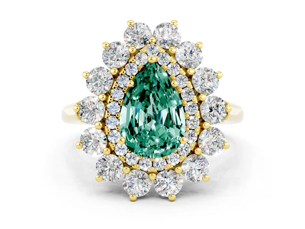 Yellow gold Pear Cut Green Sapphire Floral Double Halo Engagement Ring with Prong Setting