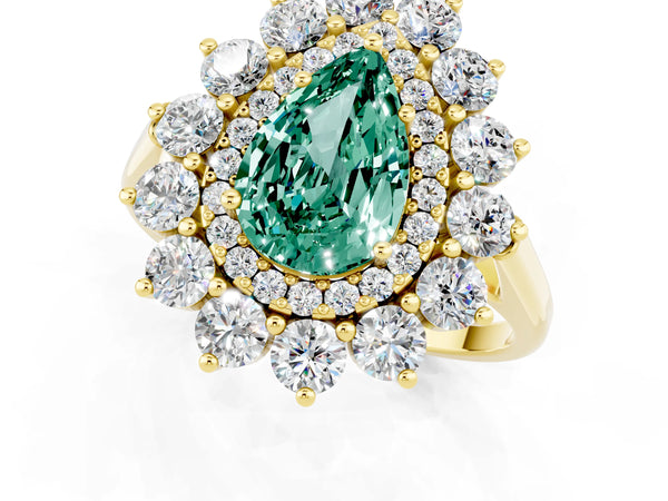 Yellow gold Pear Cut Green Sapphire Floral Double Halo Engagement Ring with Prong Setting