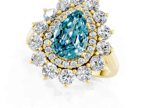 Yellow gold Pear Cut Blue Topaz Floral Double Halo Engagement Ring with Prong Setting
