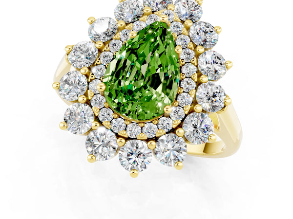 Yellow gold Pear Cut Peridot Floral Double Halo Engagement Ring with Prong Setting
