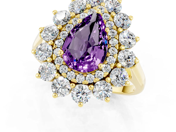 Yellow gold Pear Cut Amethyst Floral Double Halo Engagement Ring with Prong Setting