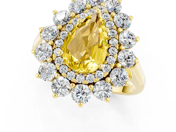 Yellow gold Pear Cut Yellow Sapphire Floral Double Halo Engagement Ring with Prong Setting