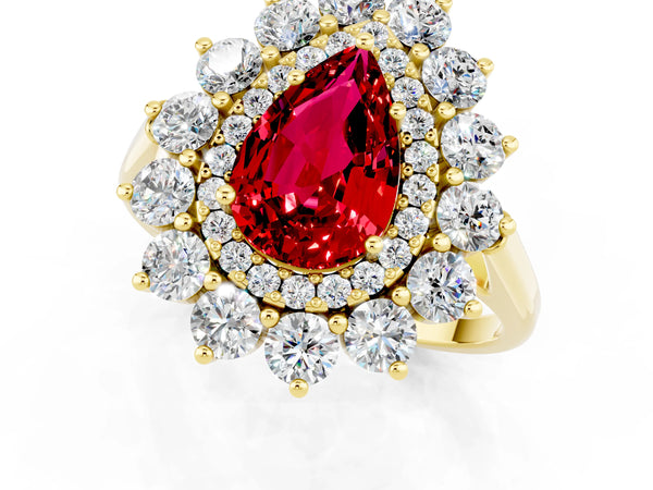 Yellow gold Pear Cut Ruby Floral Double Halo Engagement Ring with Prong Setting