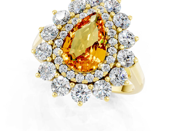 Yellow gold Pear Cut Citrine Floral Double Halo Engagement Ring with Prong Setting