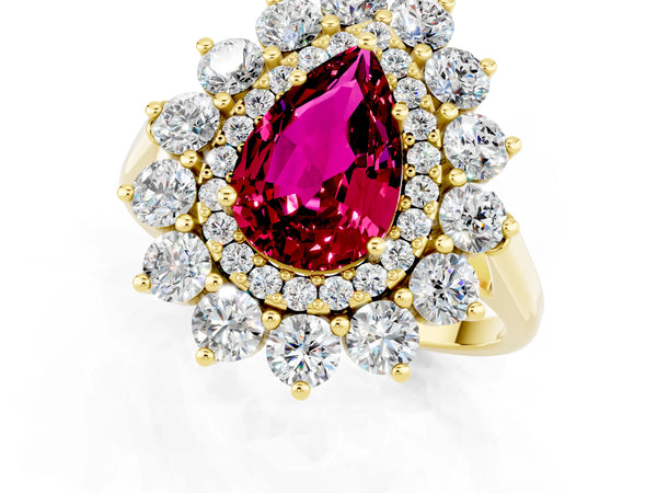Yellow gold Pear Cut Garnet Floral Double Halo Engagement Ring with Prong Setting