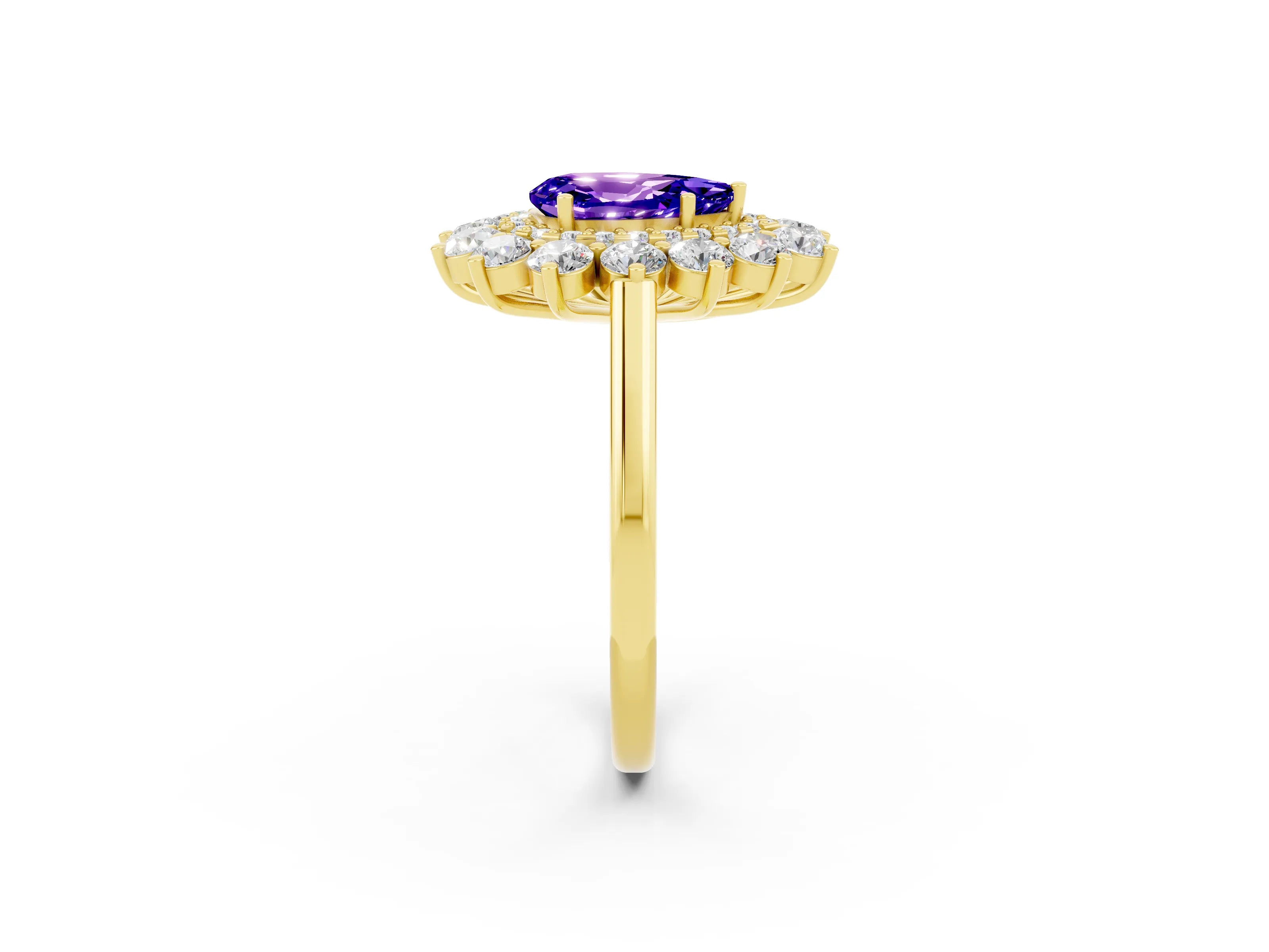 Yellow gold Pear Cut Halo Cluster Diamond Ring with Pave Band and Four-Prong Setting_14