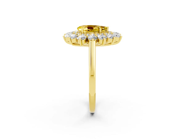 Yellow gold Pear Cut Yellow Sapphire Floral Double Halo Engagement Ring with Prong Setting