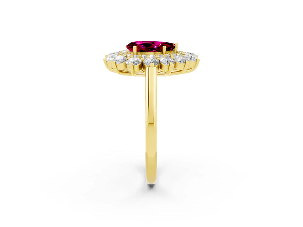 Yellow gold Pear Cut Garnet Floral Double Halo Engagement Ring with Prong Setting