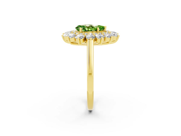 Yellow gold Pear Cut Peridot Floral Double Halo Engagement Ring with Prong Setting