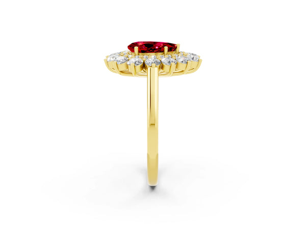 Yellow gold Pear Cut Ruby Floral Double Halo Engagement Ring with Prong Setting