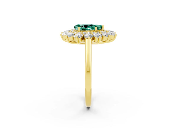 Yellow gold Pear Cut Green Sapphire Floral Double Halo Engagement Ring with Prong Setting