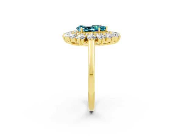 Yellow gold Pear Cut Blue Topaz Floral Double Halo Engagement Ring with Prong Setting