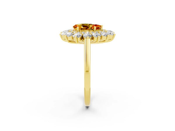 Yellow gold Pear Cut Citrine Floral Double Halo Engagement Ring with Prong Setting
