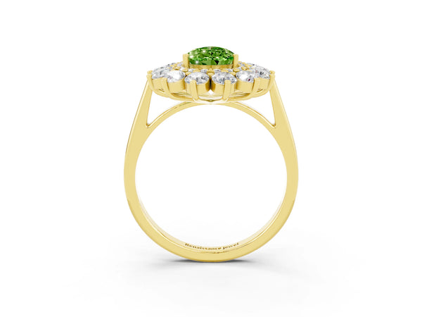 Yellow gold Pear Cut Peridot Floral Double Halo Engagement Ring with Prong Setting