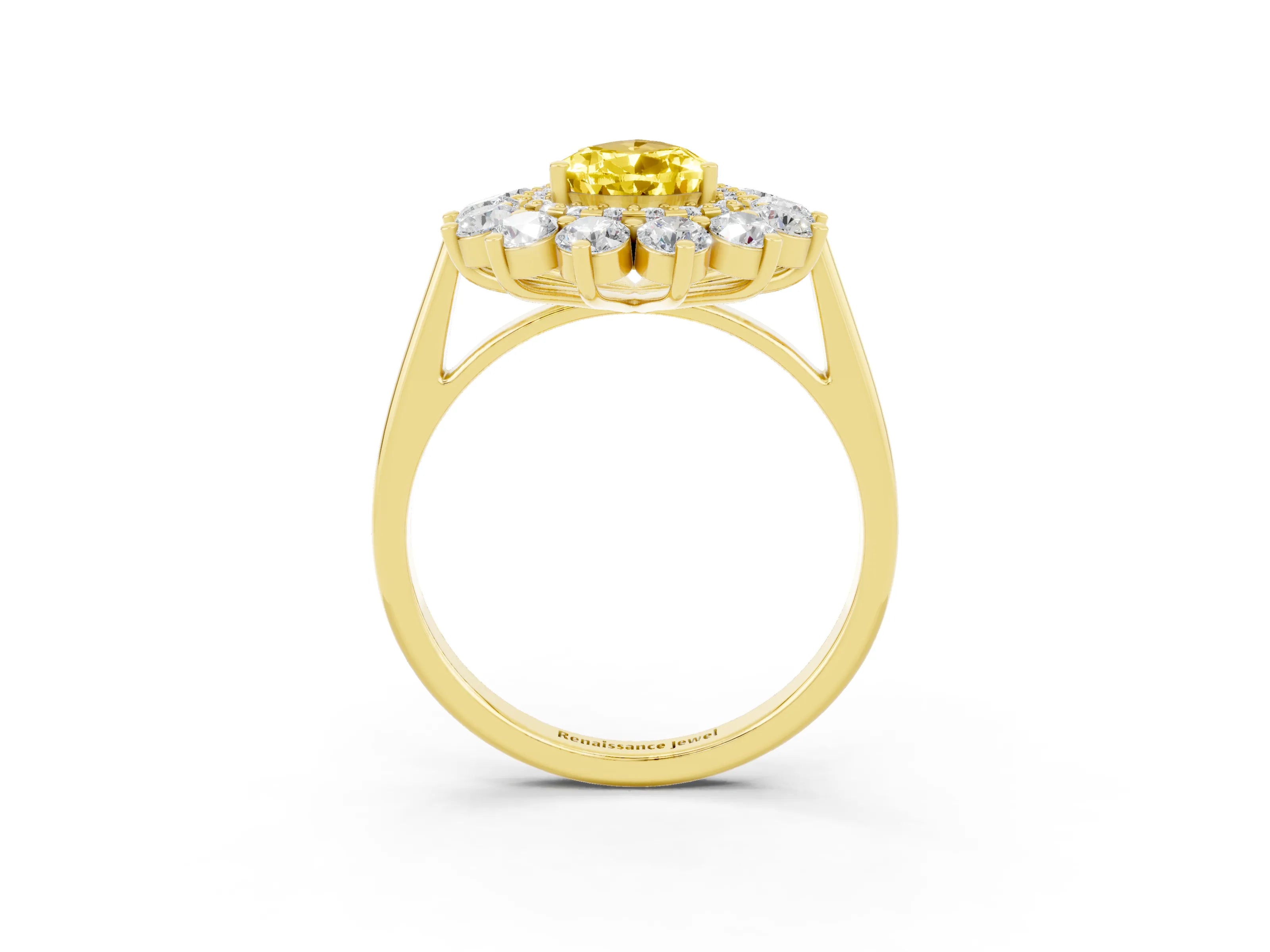 Yellow gold Pear Cut Halo Cluster Diamond Ring with Pave Band and Four-Prong Setting_15