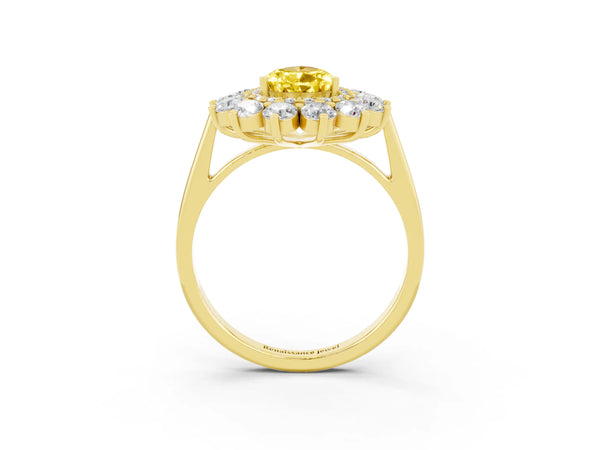 Yellow gold Pear Cut Yellow Sapphire Floral Double Halo Engagement Ring with Prong Setting