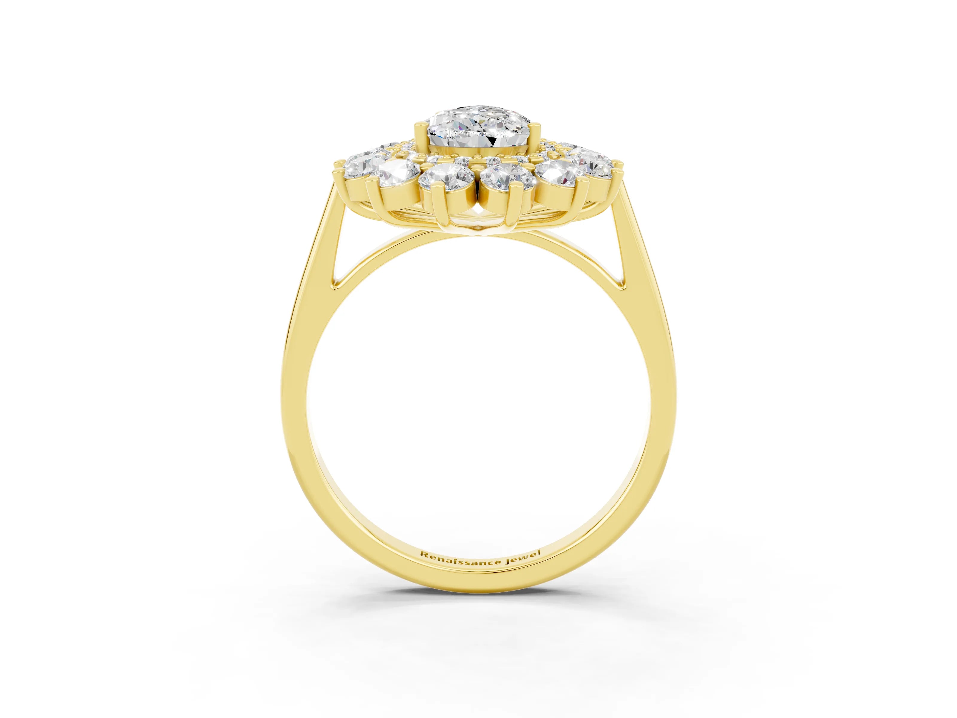 Yellow gold Pear Cut Halo Cluster Diamond Ring with Pave Band and Four-Prong Setting_15