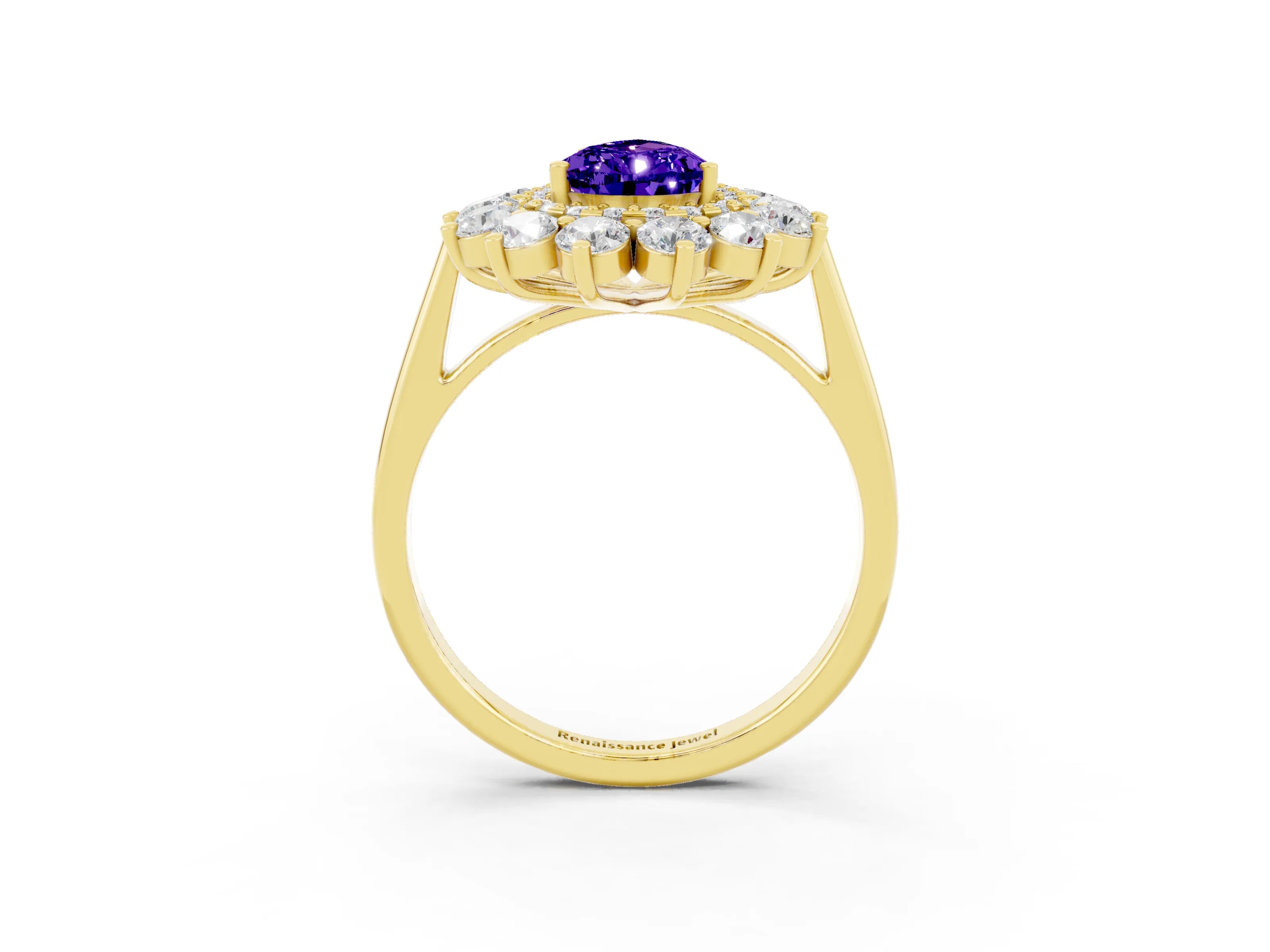 Yellow gold Pear Cut Halo Cluster Diamond Ring with Pave Band and Four-Prong Setting_15