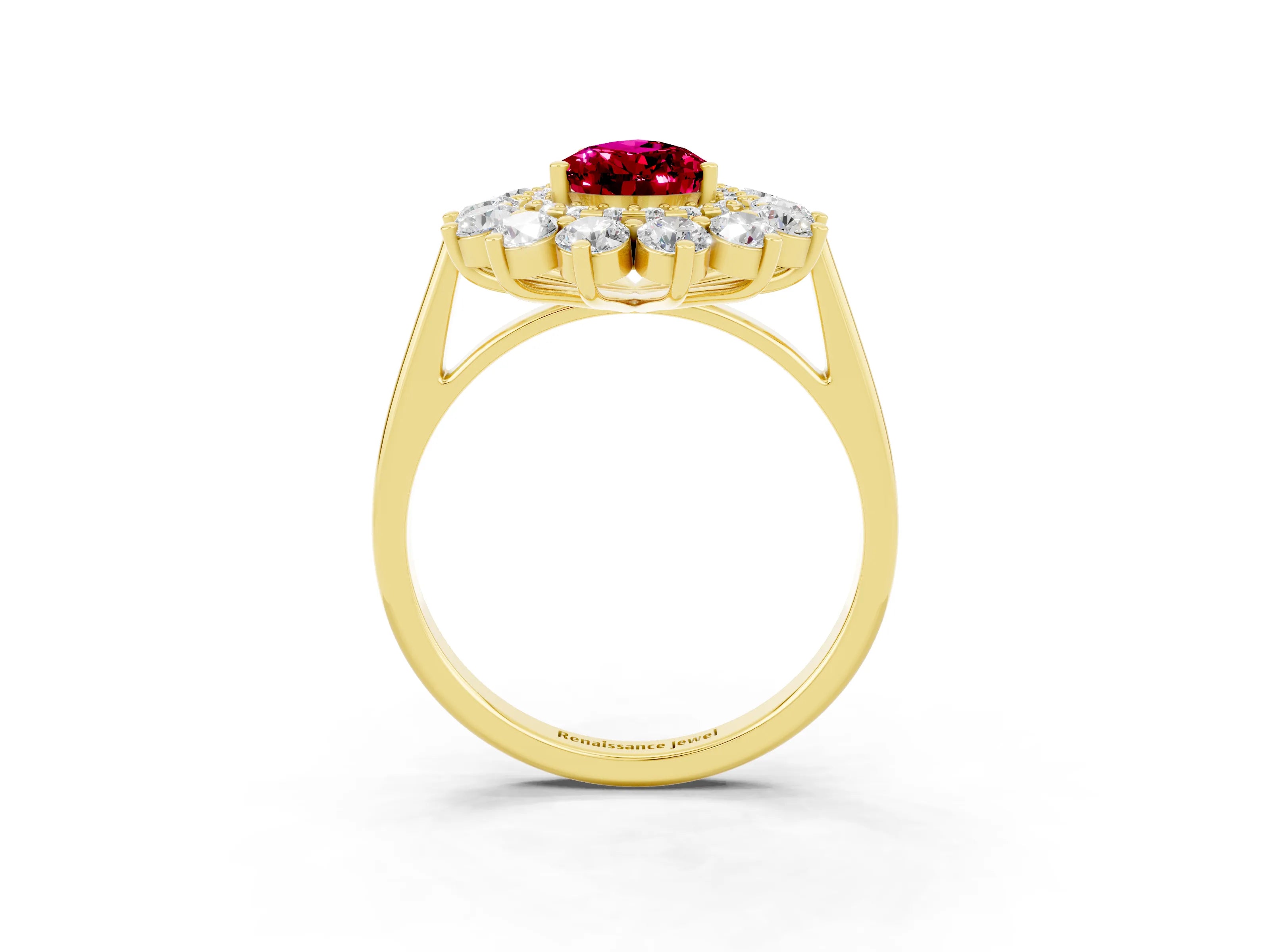 Yellow gold Pear Cut Halo Cluster Diamond Ring with Pave Band and Four-Prong Setting_15