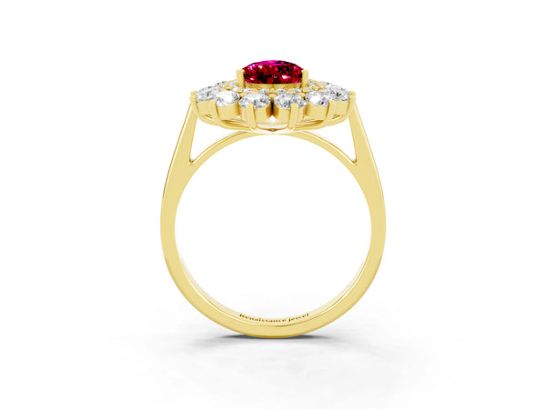 Yellow gold Pear Cut Garnet Floral Double Halo Engagement Ring with Prong Setting