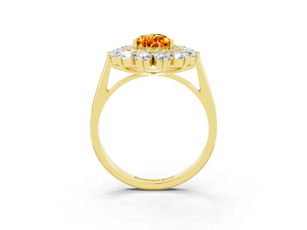Yellow gold Pear Cut Citrine Floral Double Halo Engagement Ring with Prong Setting
