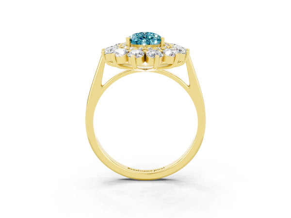Yellow gold Pear Cut Blue Topaz Floral Double Halo Engagement Ring with Prong Setting