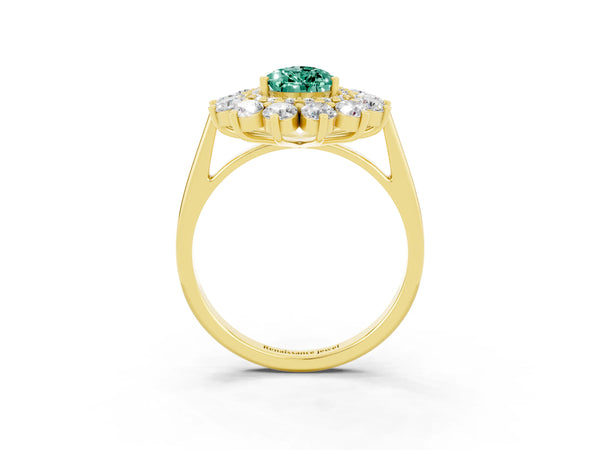 Yellow gold Pear Cut Green Sapphire Floral Double Halo Engagement Ring with Prong Setting