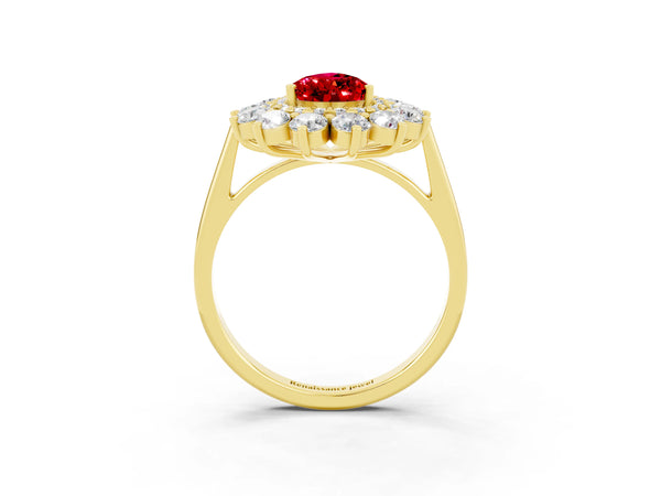 Yellow gold Pear Cut Ruby Floral Double Halo Engagement Ring with Prong Setting