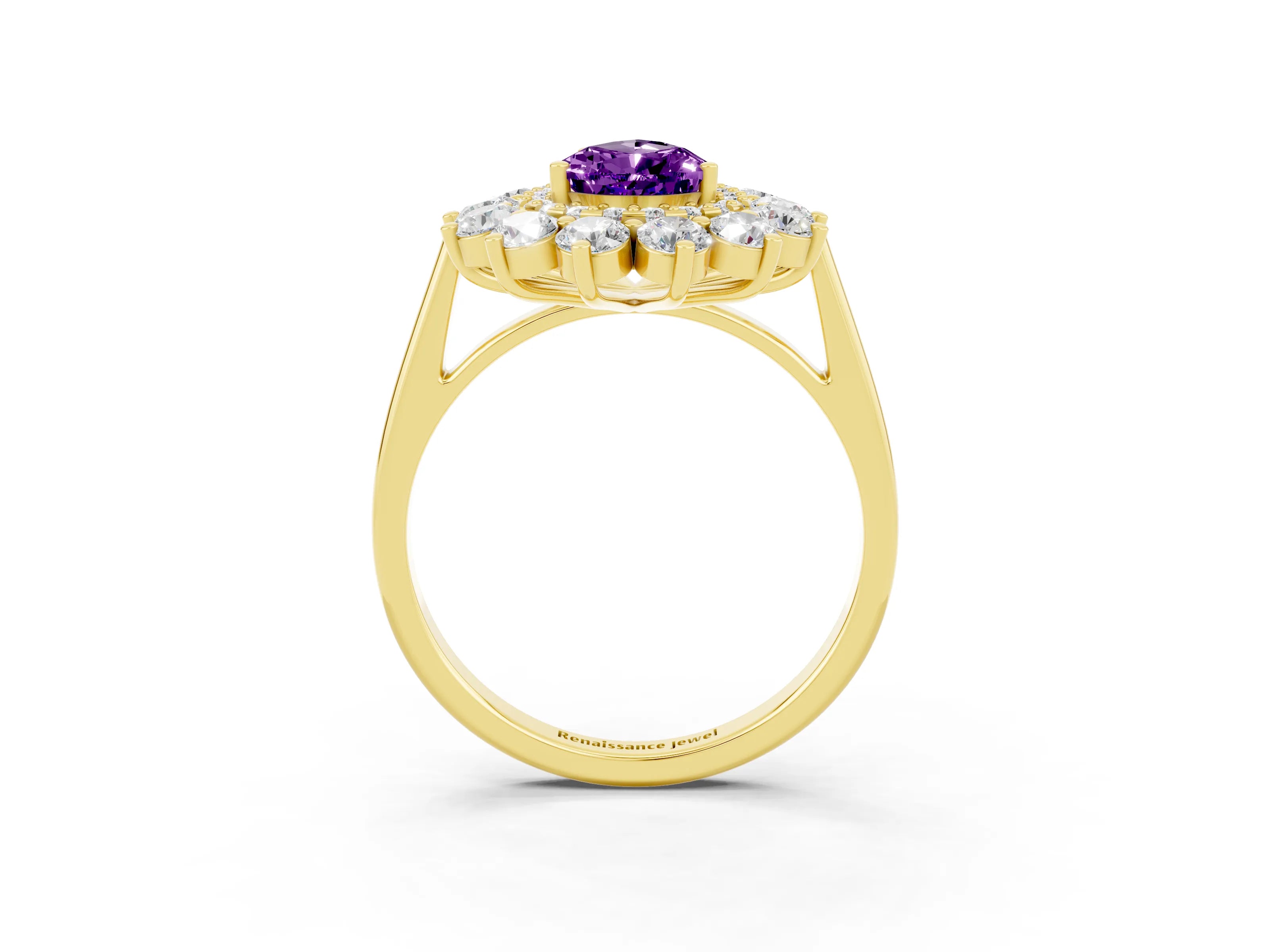 Yellow gold Pear Cut Halo Cluster Diamond Ring with Pave Band and Four-Prong Setting_15