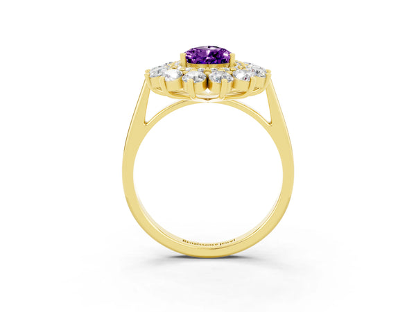 Yellow gold Pear Cut Amethyst Floral Double Halo Engagement Ring with Prong Setting