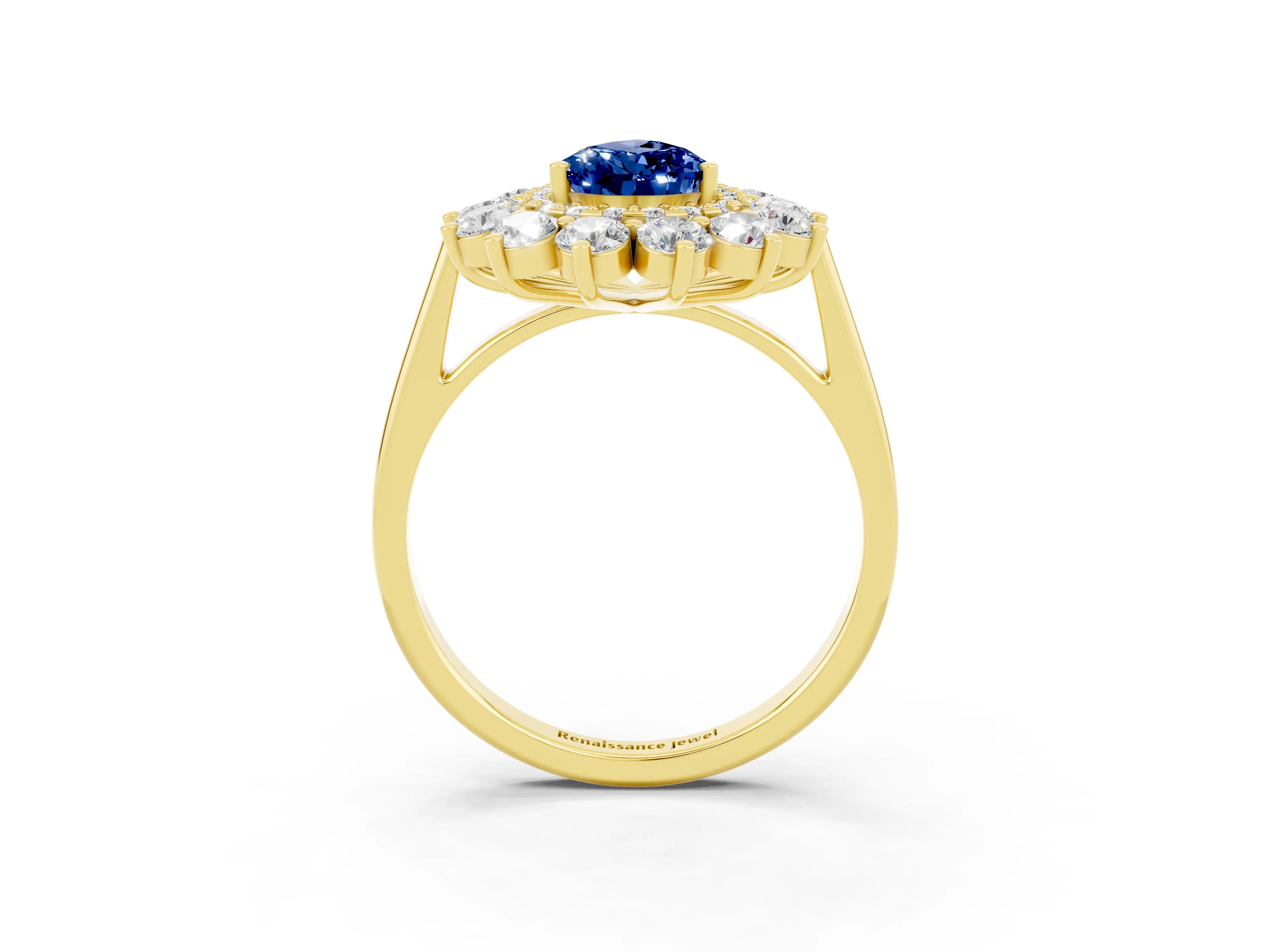 Yellow gold Pear Cut Halo Cluster Diamond Ring with Pave Band and Four-Prong Setting_15