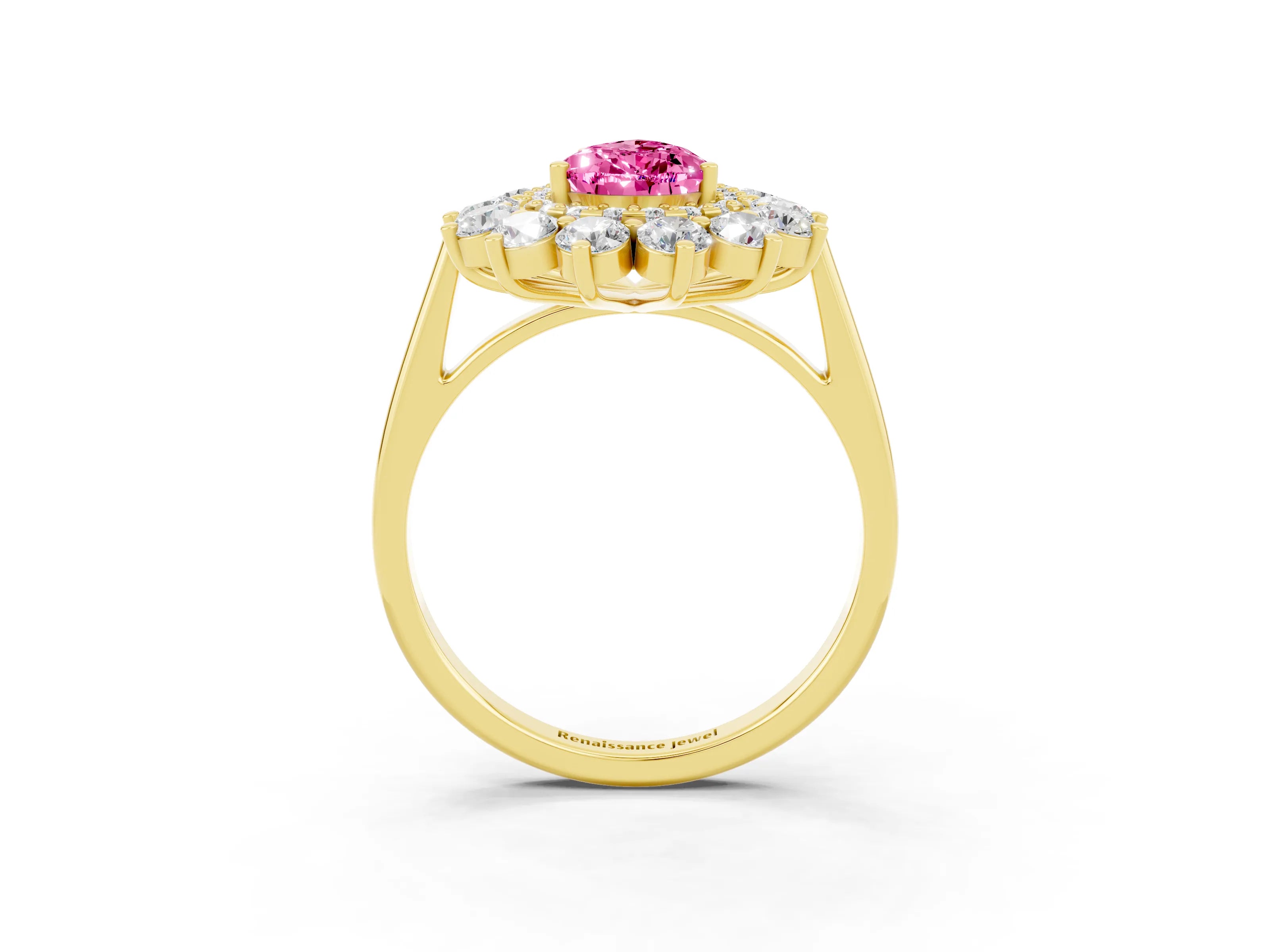Yellow gold Pear Cut Halo Cluster Diamond Ring with Pave Band and Four-Prong Setting_15