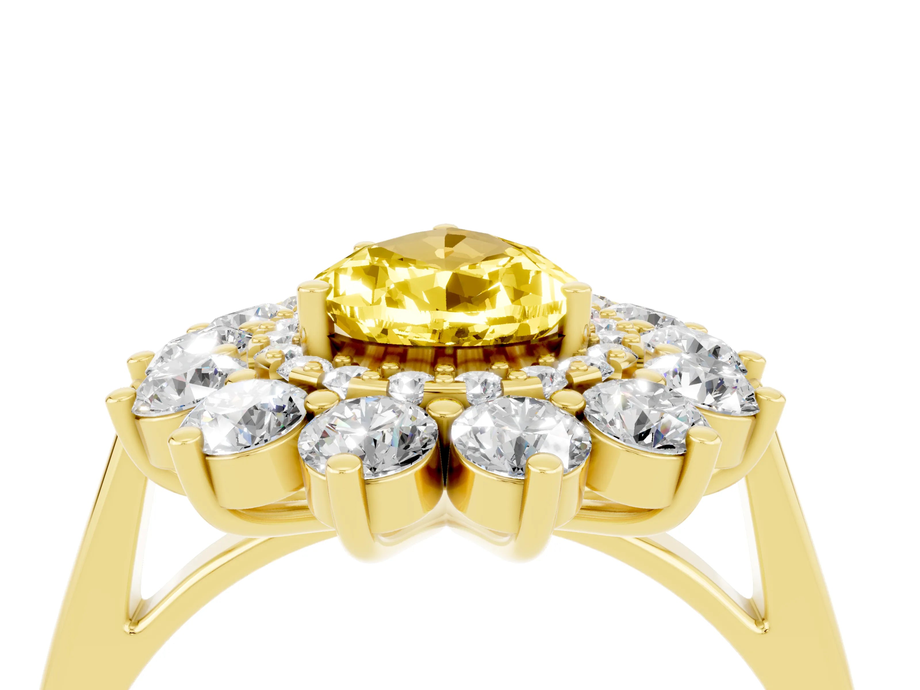 Yellow gold Pear Cut Halo Cluster Diamond Ring with Pave Band and Four-Prong Setting_16