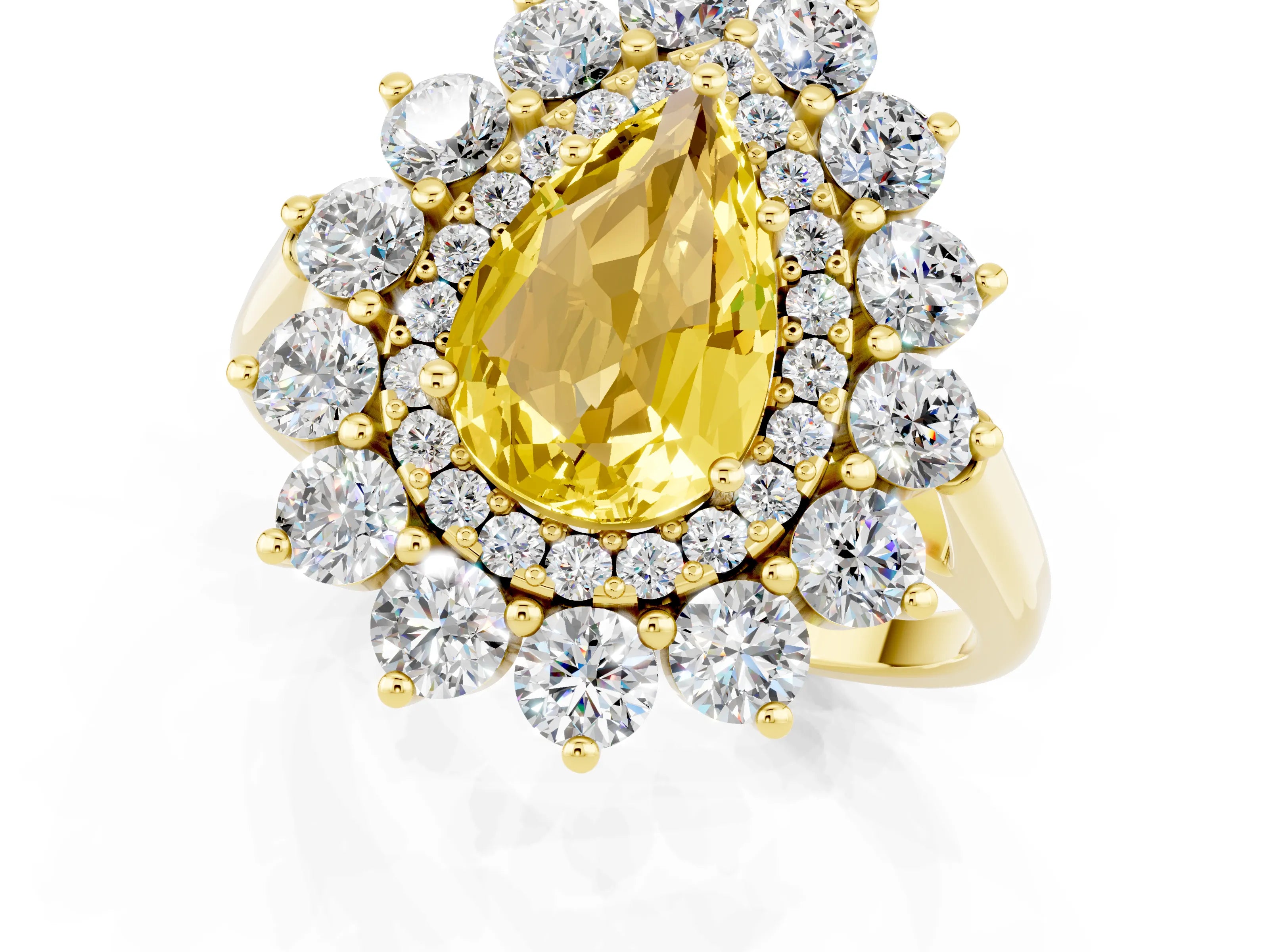Yellow gold Pear Cut Halo Cluster Diamond Ring with Pave Band and Four-Prong Setting_1