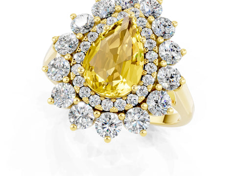 Yellow gold Pear Cut Halo Cluster Diamond Ring with Pave Band and Four-Prong Setting_1