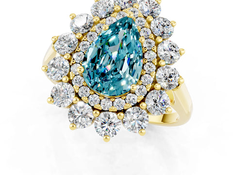 Yellow gold Pear Cut Halo Cluster Diamond Ring with Pave Band and Four-Prong Setting_1