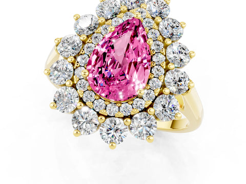 Yellow gold Pear Cut Halo Cluster Diamond Ring with Pave Band and Four-Prong Setting_1