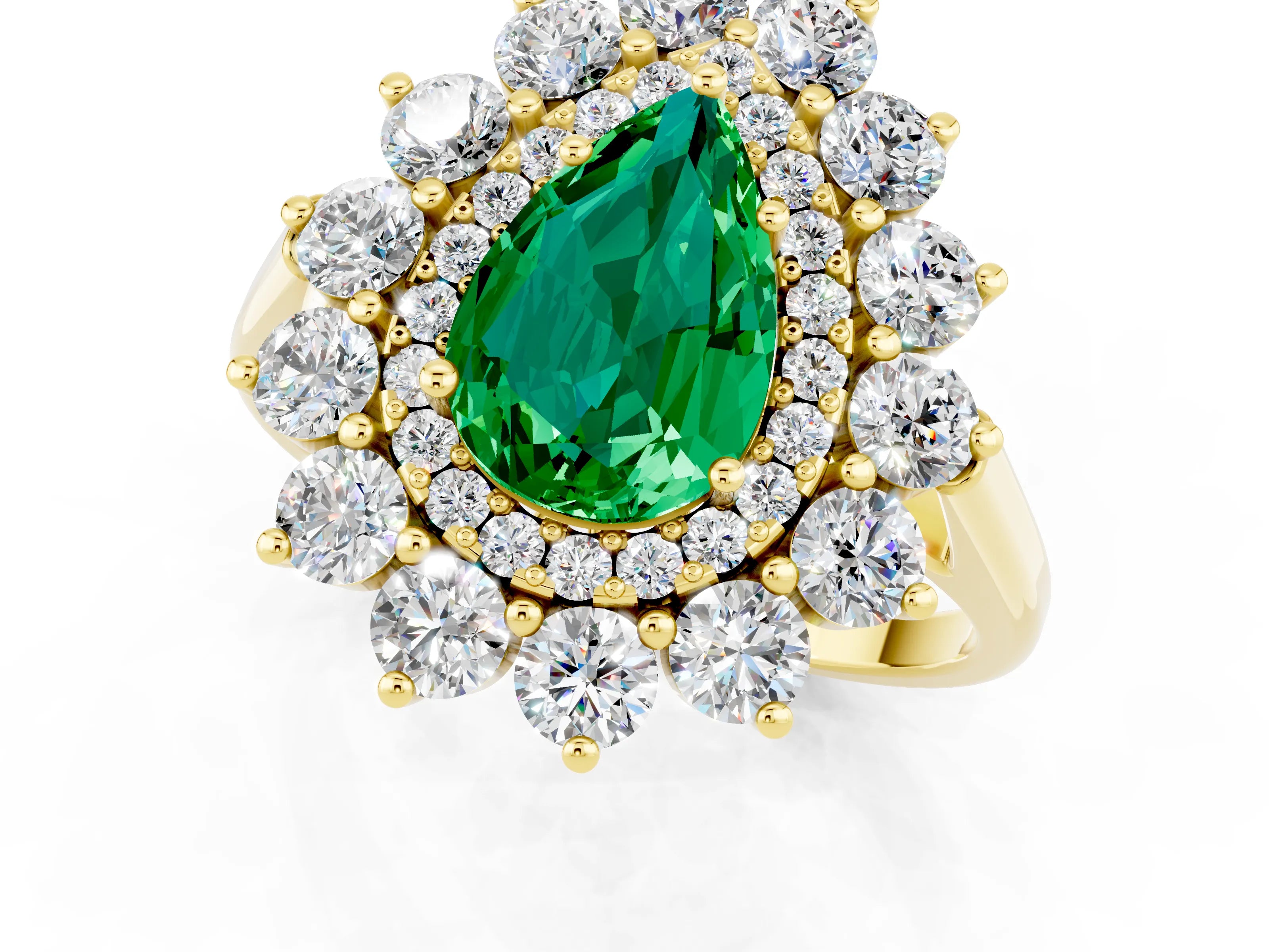Yellow gold Pear Cut Halo Cluster Diamond Ring with Pave Band and Four-Prong Setting_1