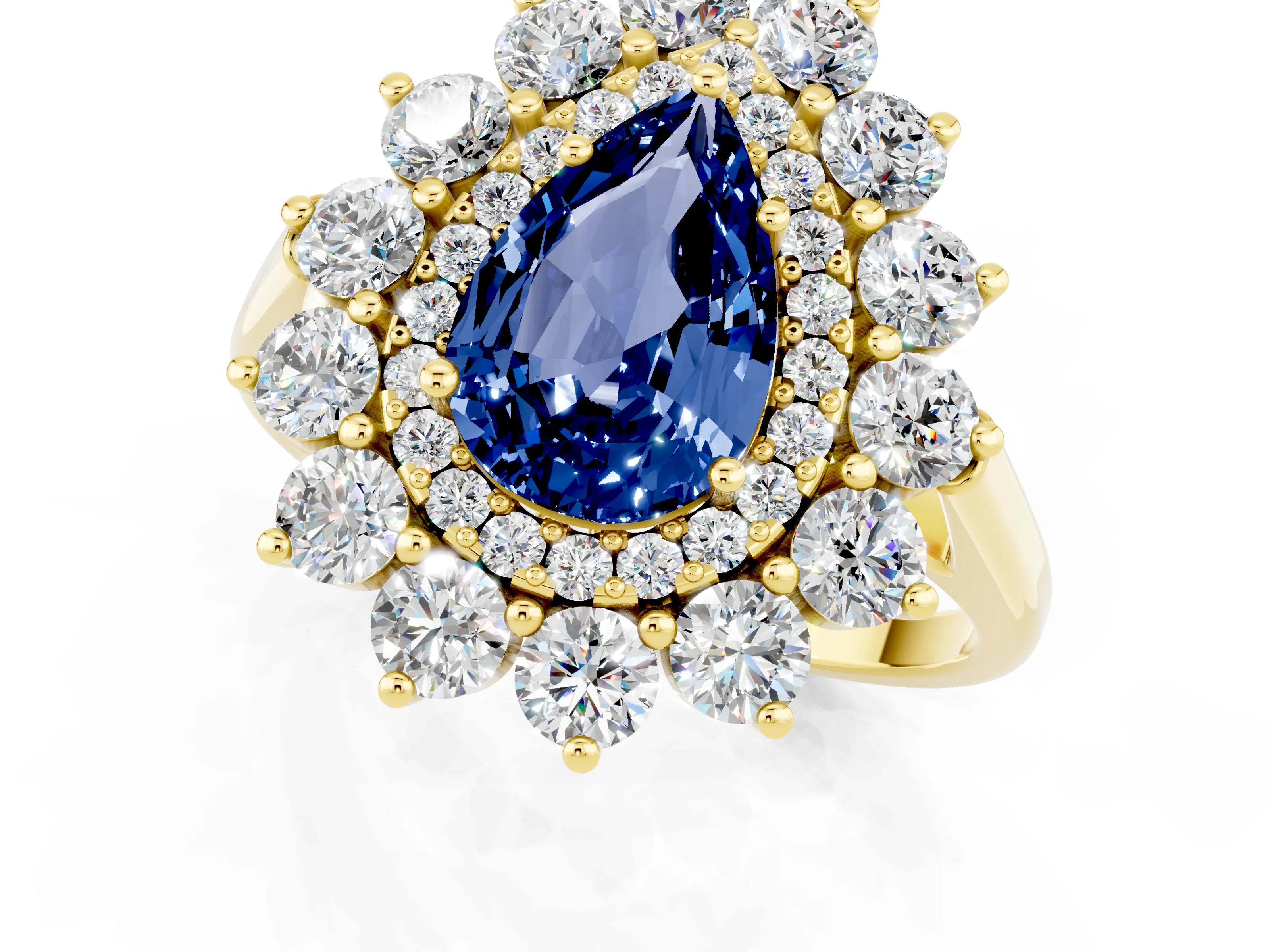 Yellow gold Pear Cut Halo Cluster Diamond Ring with Pave Band and Four-Prong Setting_1