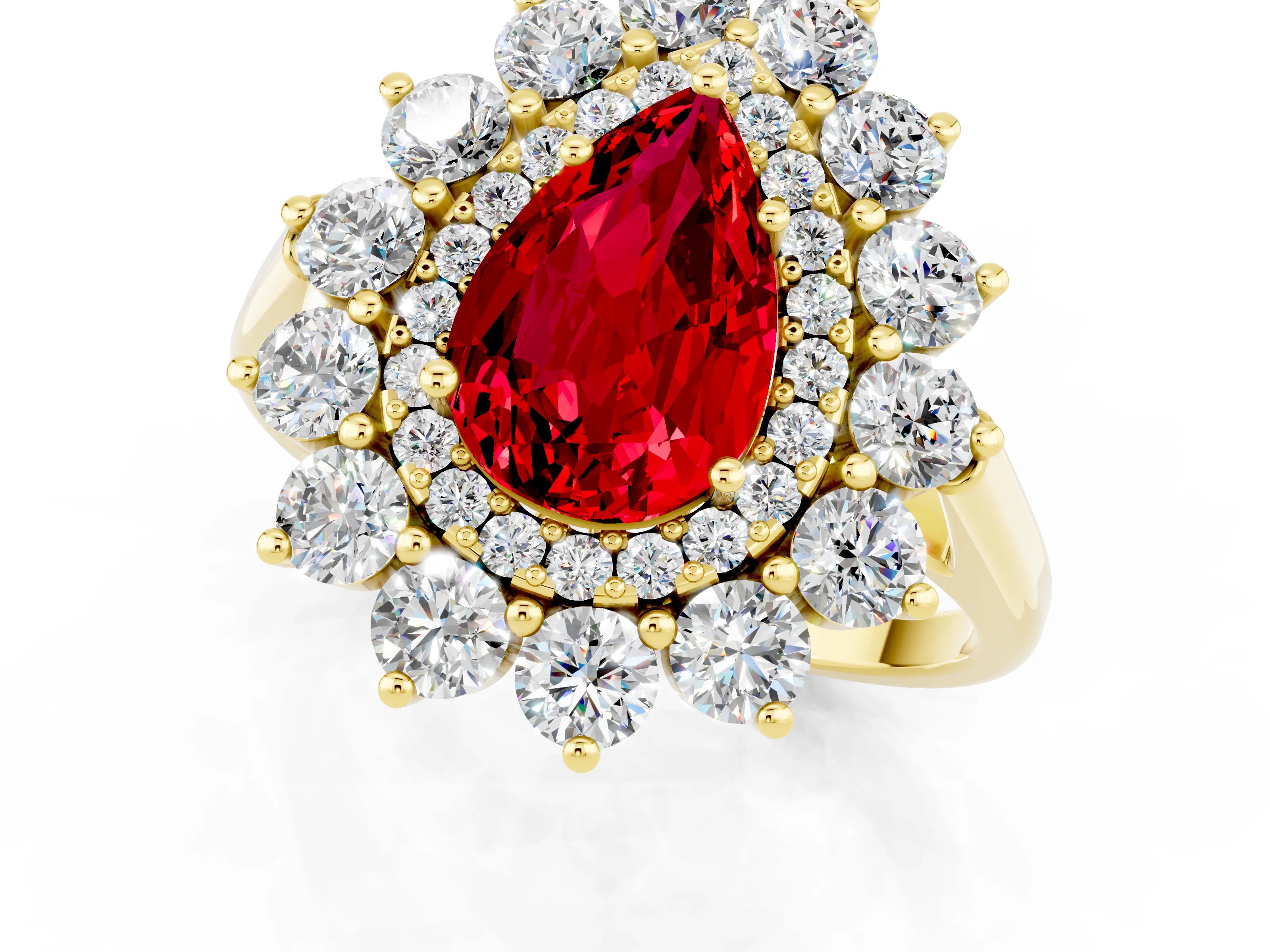 Yellow gold Pear Cut Halo Cluster Diamond Ring with Pave Band and Four-Prong Setting_1
