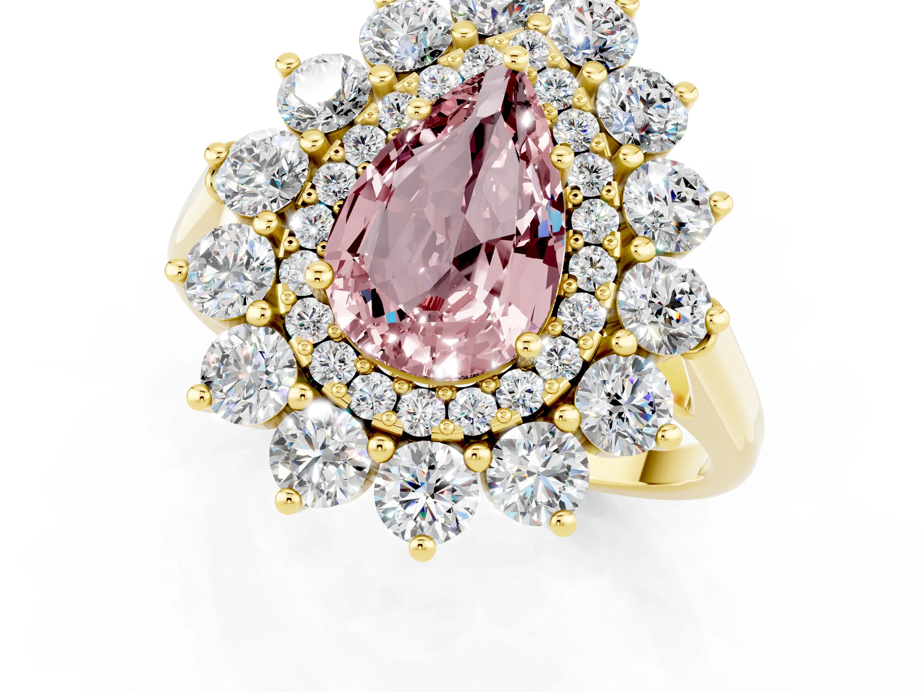 Yellow gold Pear Cut Halo Cluster Diamond Ring with Pave Band and Four-Prong Setting_1