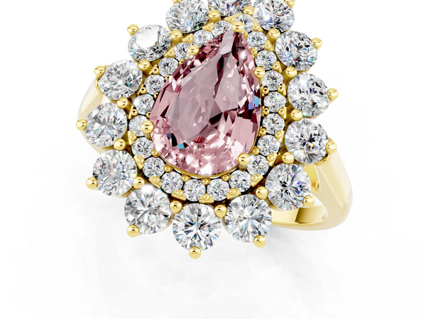 Yellow gold Pear Cut Halo Cluster Diamond Ring with Pave Band and Four-Prong Setting