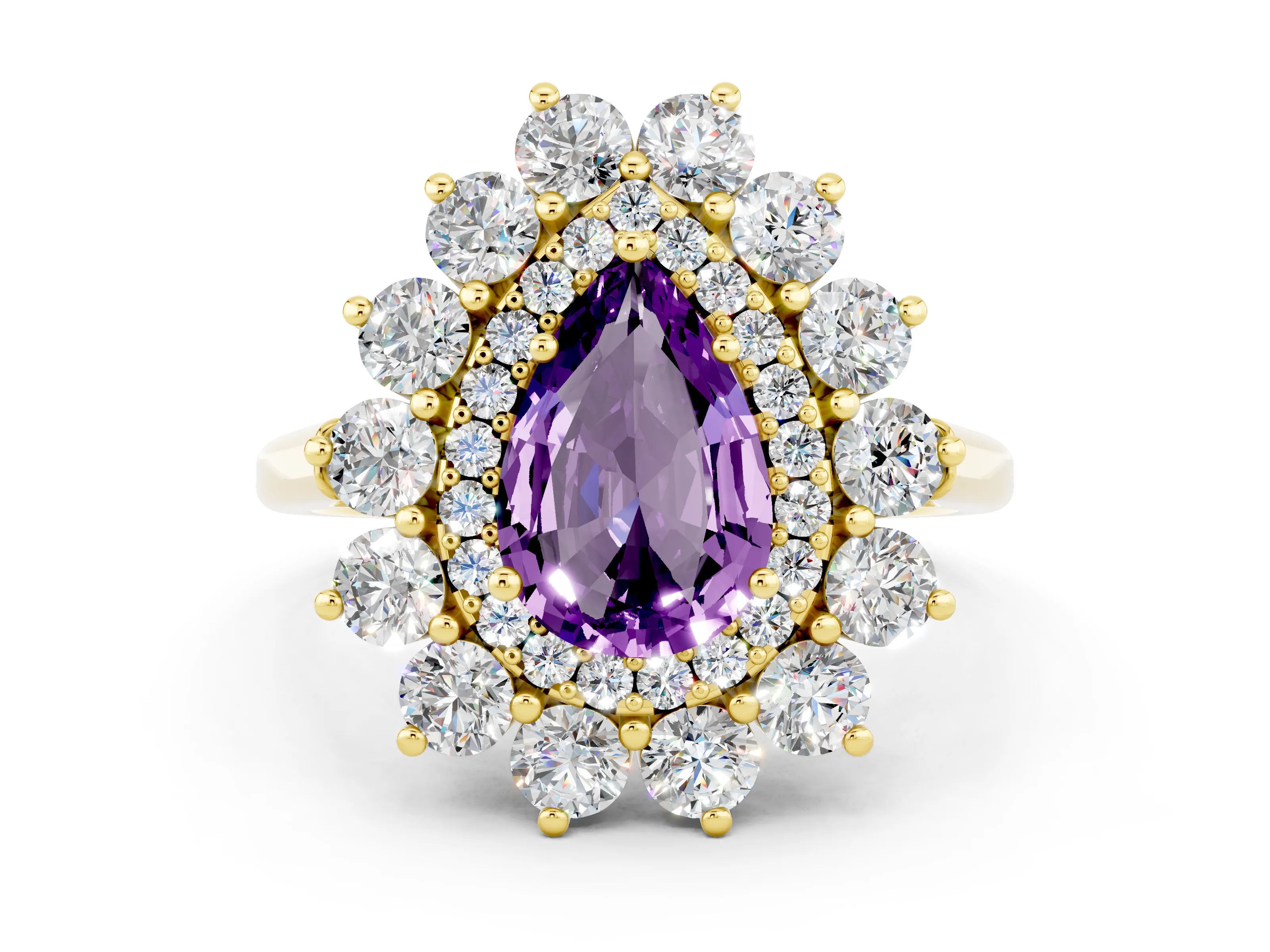 Yellow gold Pear Cut Halo Cluster Diamond Ring with Pave Band and Four-Prong Setting