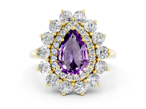 Yellow gold Pear Cut Halo Cluster Diamond Ring with Pave Band and Four-Prong Setting