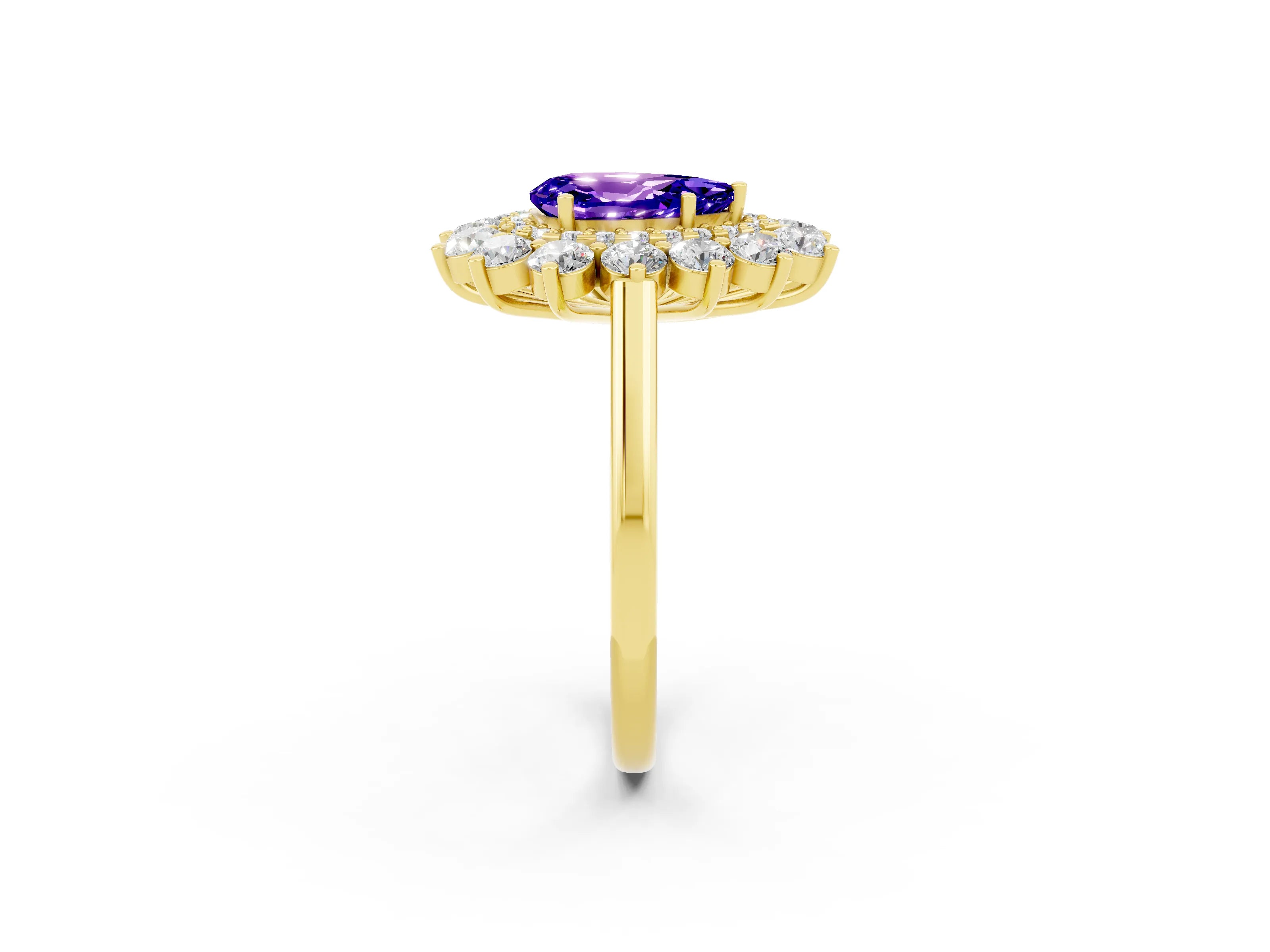 Yellow gold Pear Cut Halo Cluster Diamond Ring with Pave Band and Four-Prong Setting_2