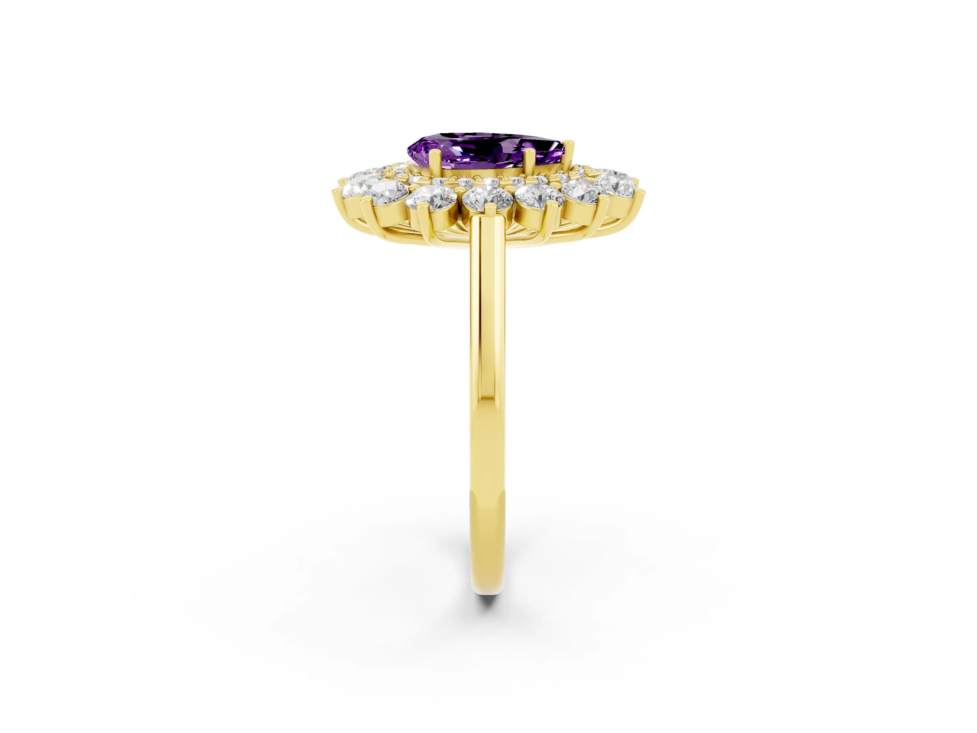 Yellow gold Pear Cut Halo Cluster Diamond Ring with Pave Band and Four-Prong Setting_2