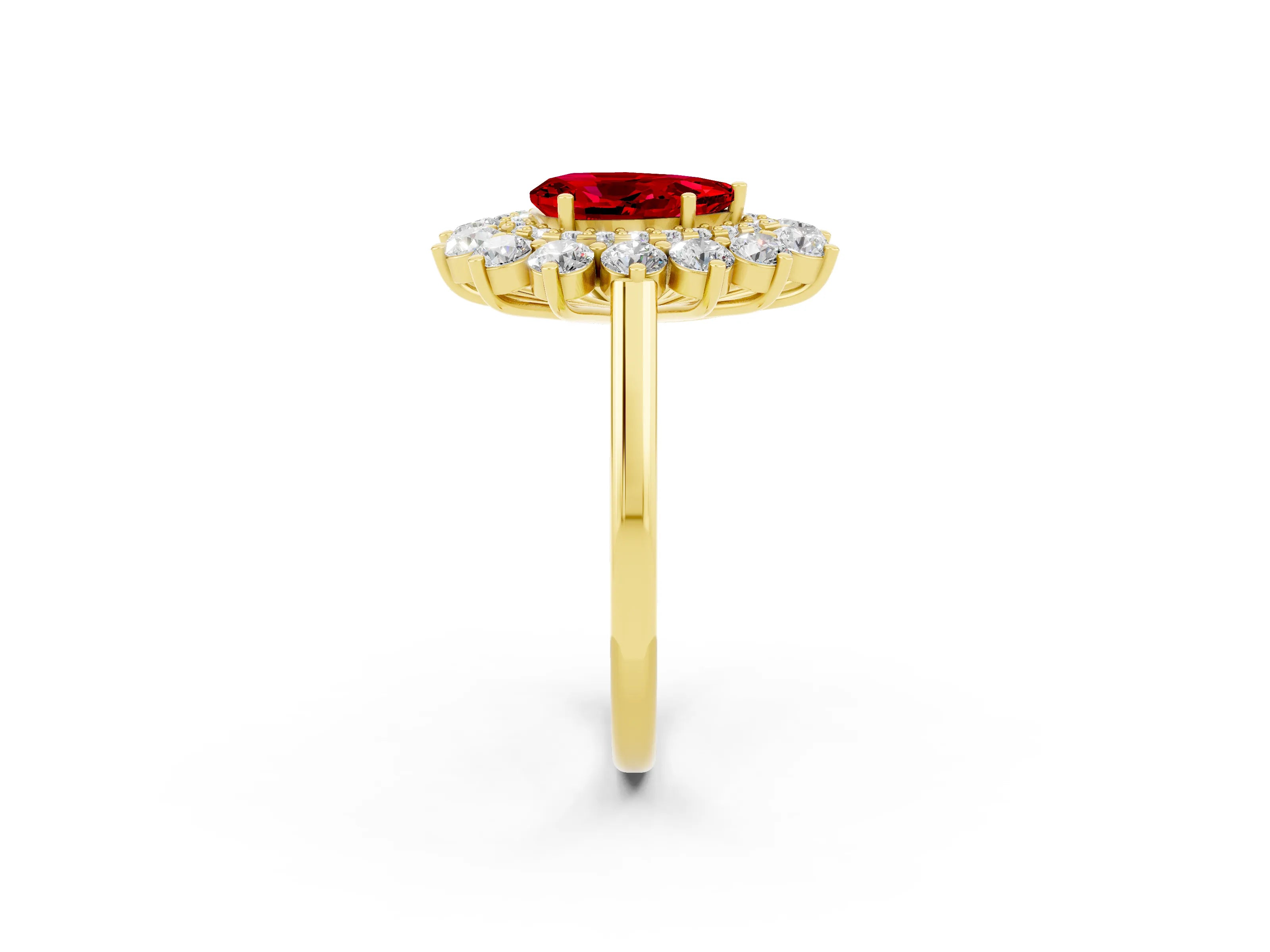 Yellow gold Pear Cut Halo Cluster Diamond Ring with Pave Band and Four-Prong Setting_2