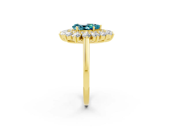Yellow gold Pear Cut Halo Cluster Diamond Ring with Pave Band and Four-Prong Setting