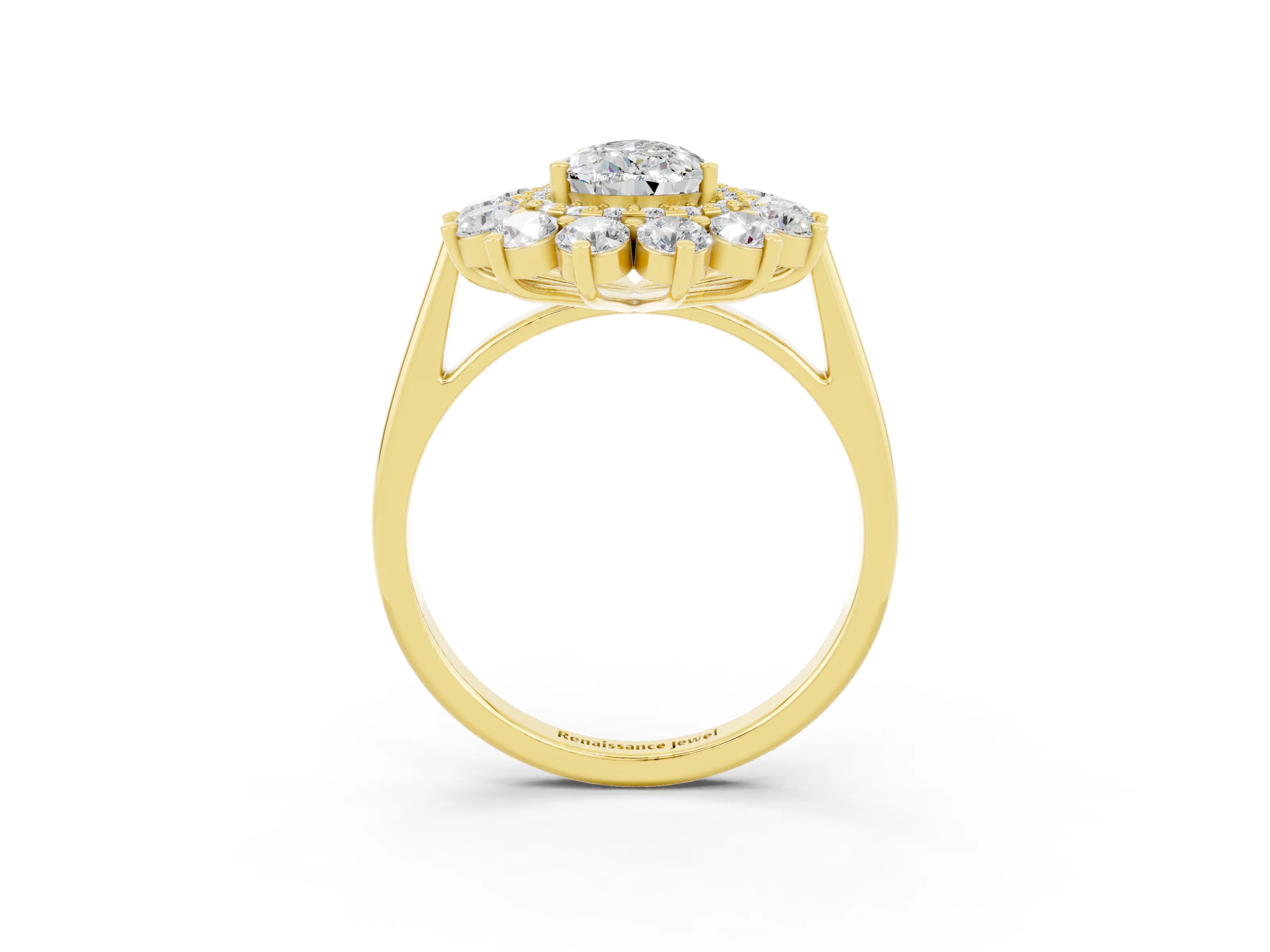 Yellow gold Pear Cut Halo Cluster Diamond Ring with Pave Band and Four-Prong Setting_3