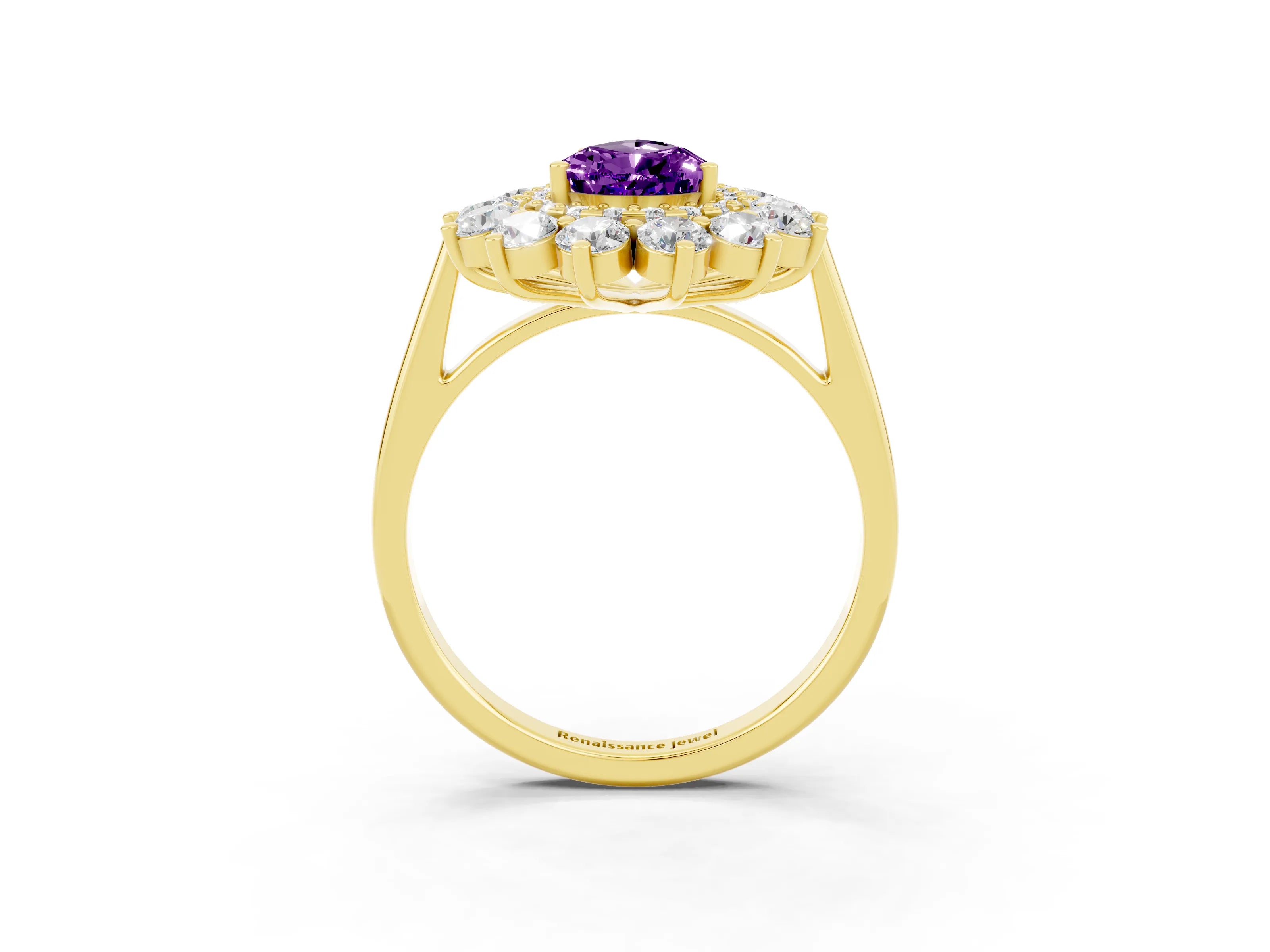 Yellow gold Pear Cut Halo Cluster Diamond Ring with Pave Band and Four-Prong Setting_3